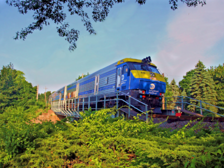 A blue diesel train with passenger cars sits on a track amid green bushes and trees, under a bright sky with colorful clouds.