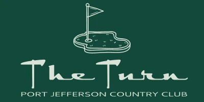 This image shows a logo for "The Turn" at Port Jefferson Country Club, featuring a golf flag on a green background.