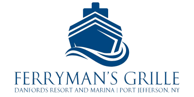 The image displays the logo for "Ferryman's Grille" located at Danfords Resort and Marina in Port Jefferson, NY, featuring a ship graphic.